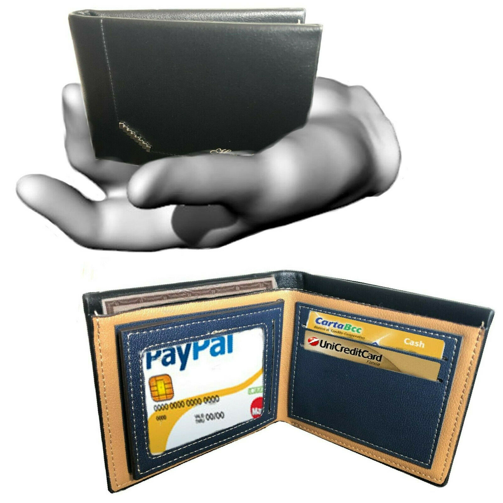 Portafoglio in pelle da uomo nero porta carte di credito tessere slim  piccolo