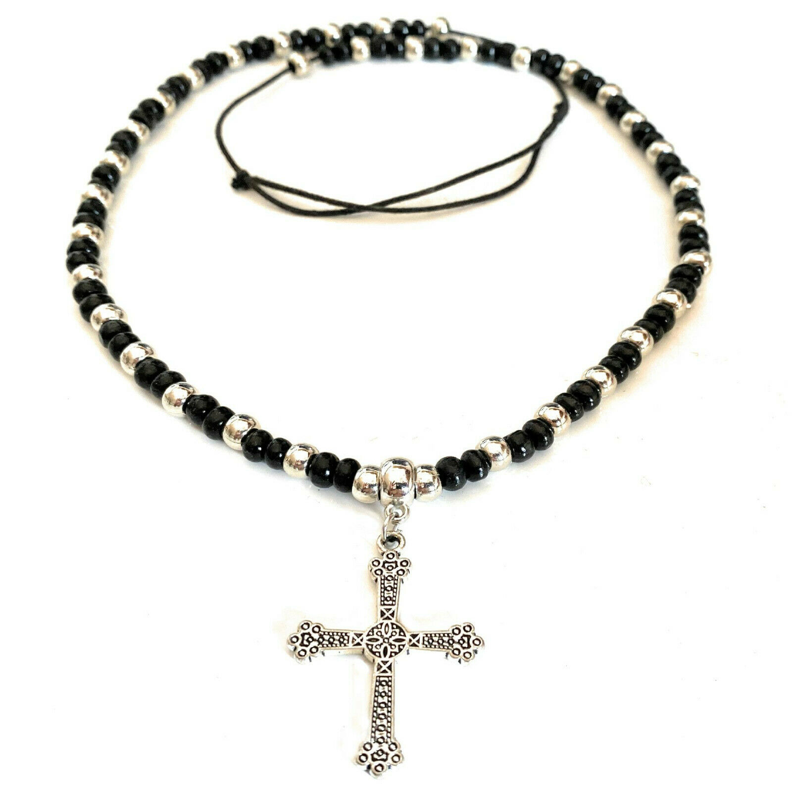 Collana con croce rosario nero da uomo catenina ciondolo crocifisso regolabile